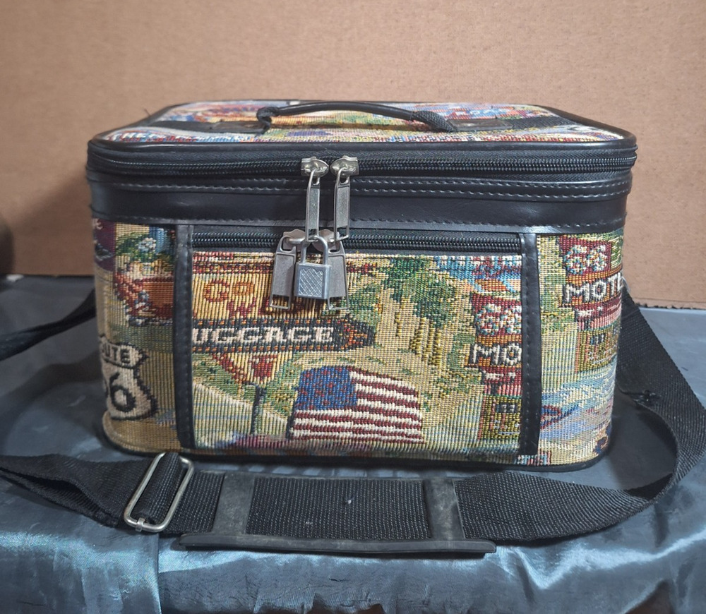 VTG Pioneer Express Route 66 Tapestry Travel Makeup Hard Suit Case Bag &Mirror